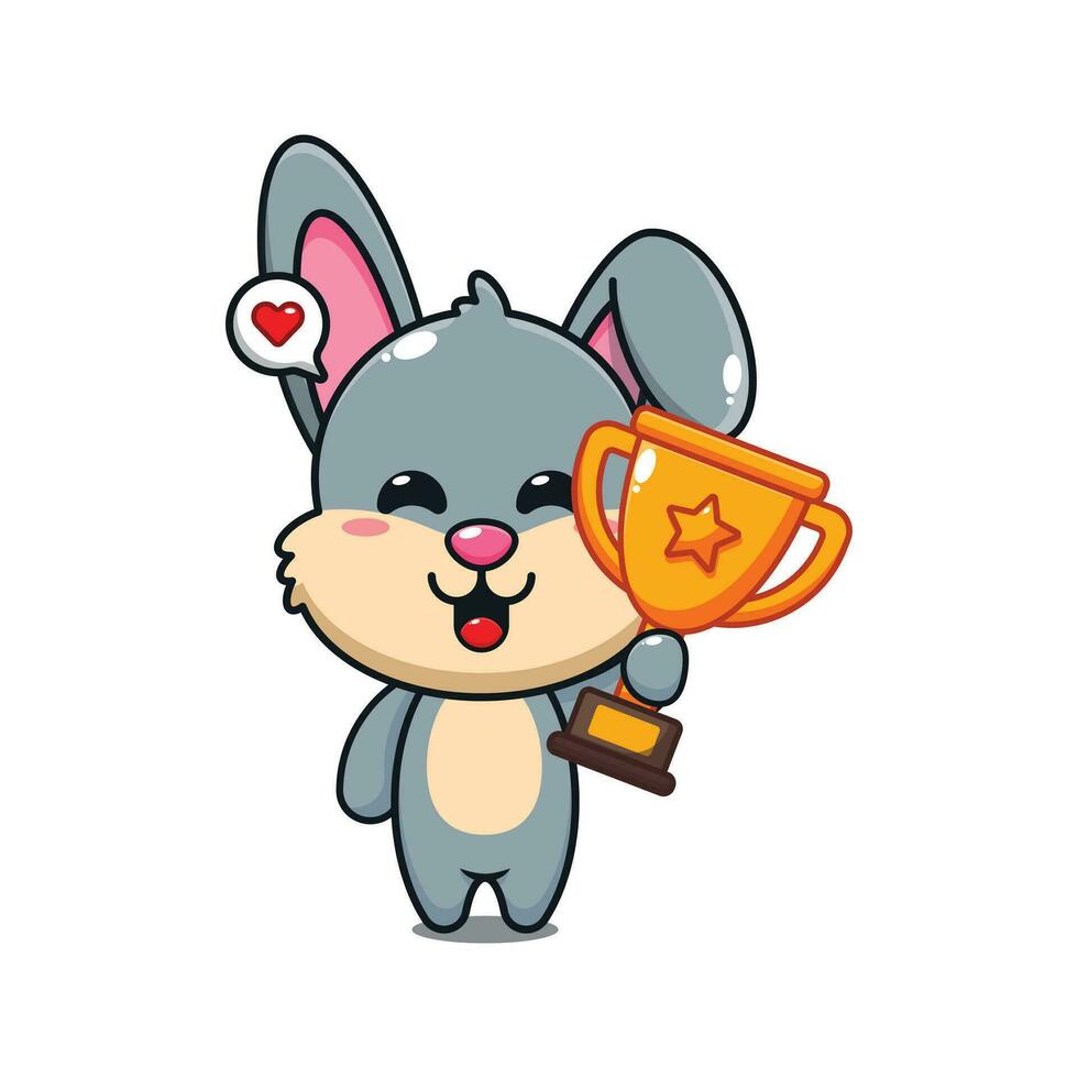 cute rabbit holding gold trophy cup cartoon vector illustration.