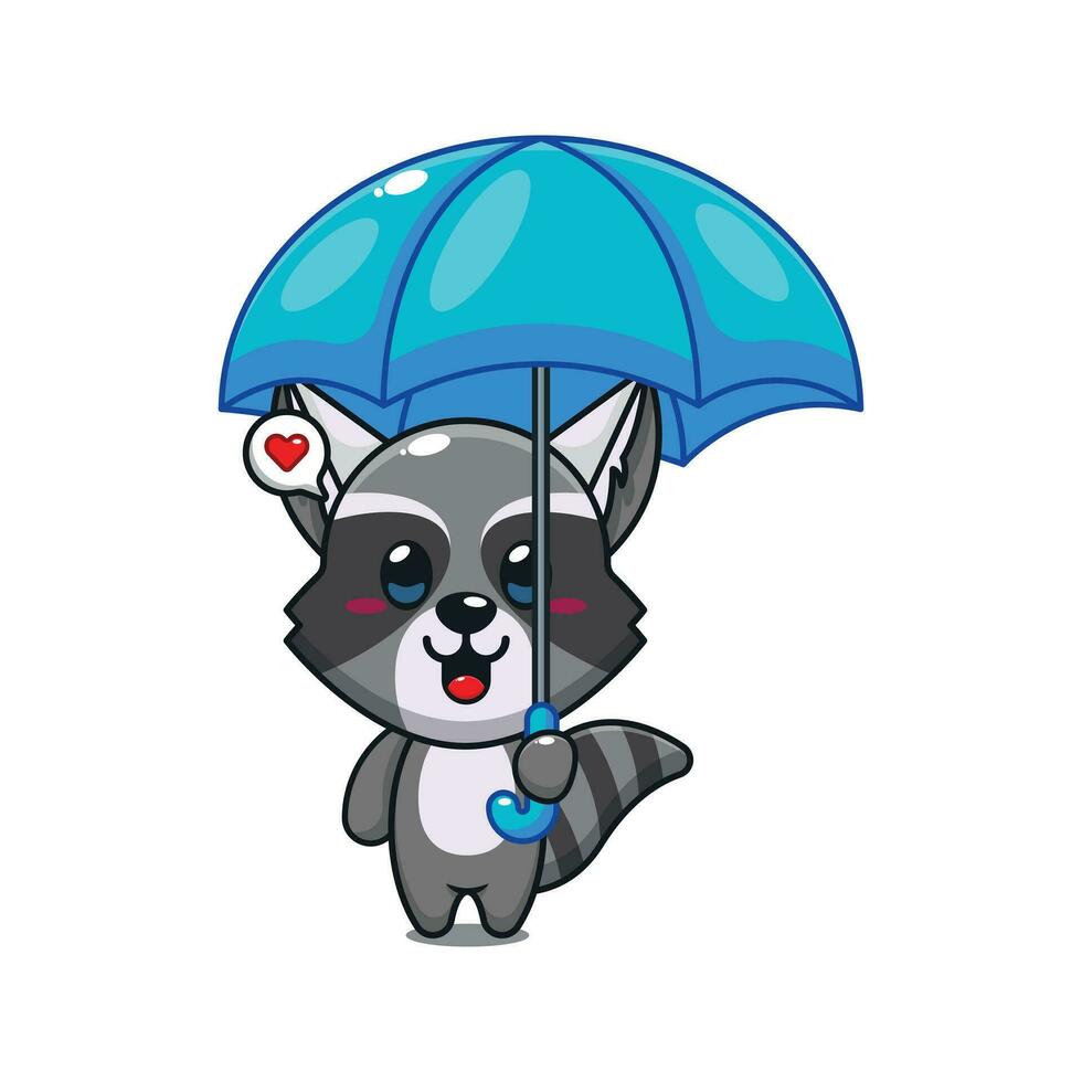 cute raccoon holding umbrella cartoon vector illustration.