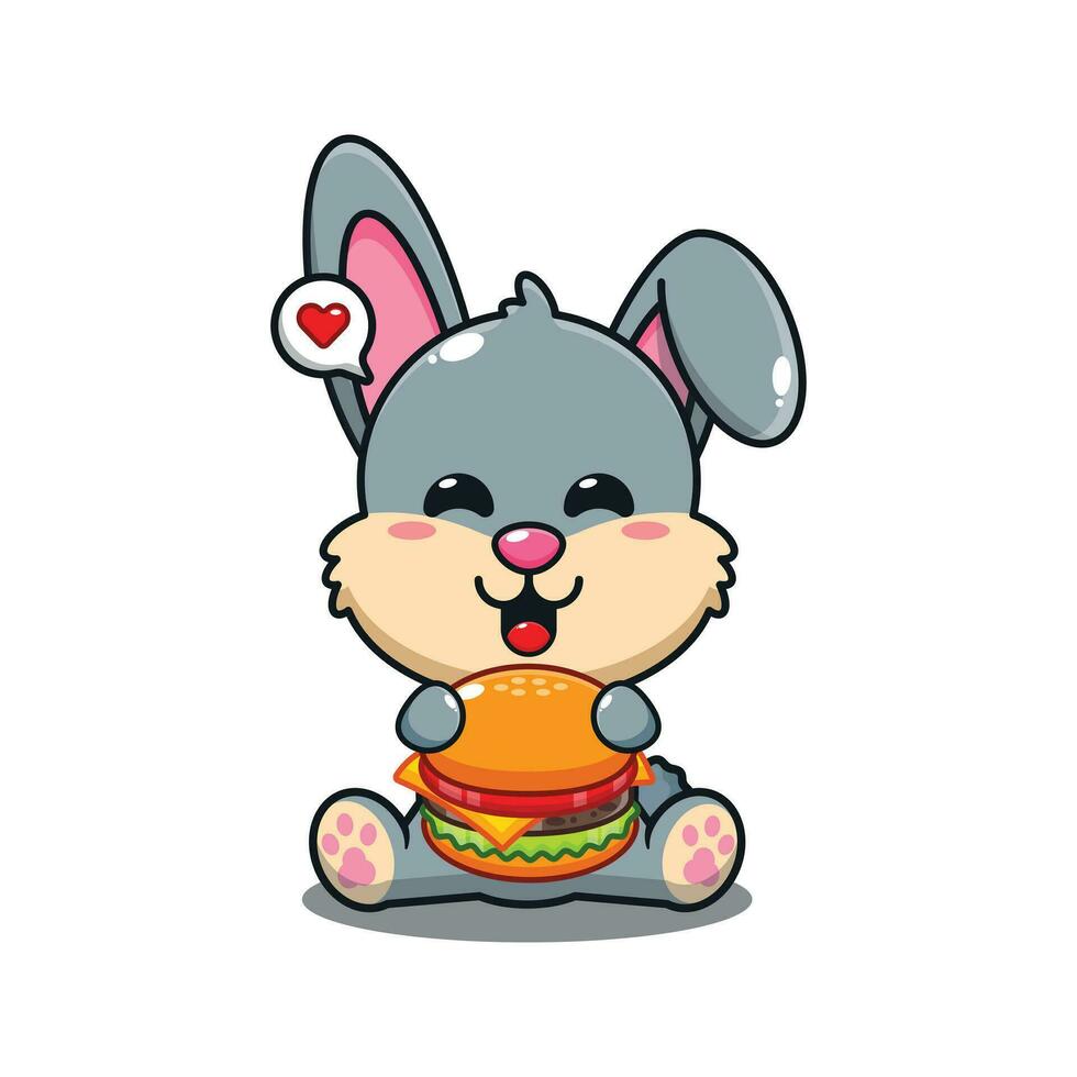 cute rabbit with burger cartoon vector illustration.