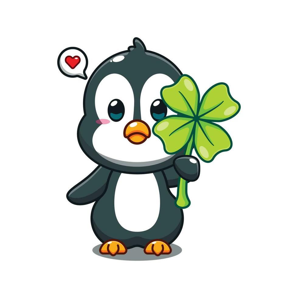 cute penguin with clover leaf cartoon vector illustration.