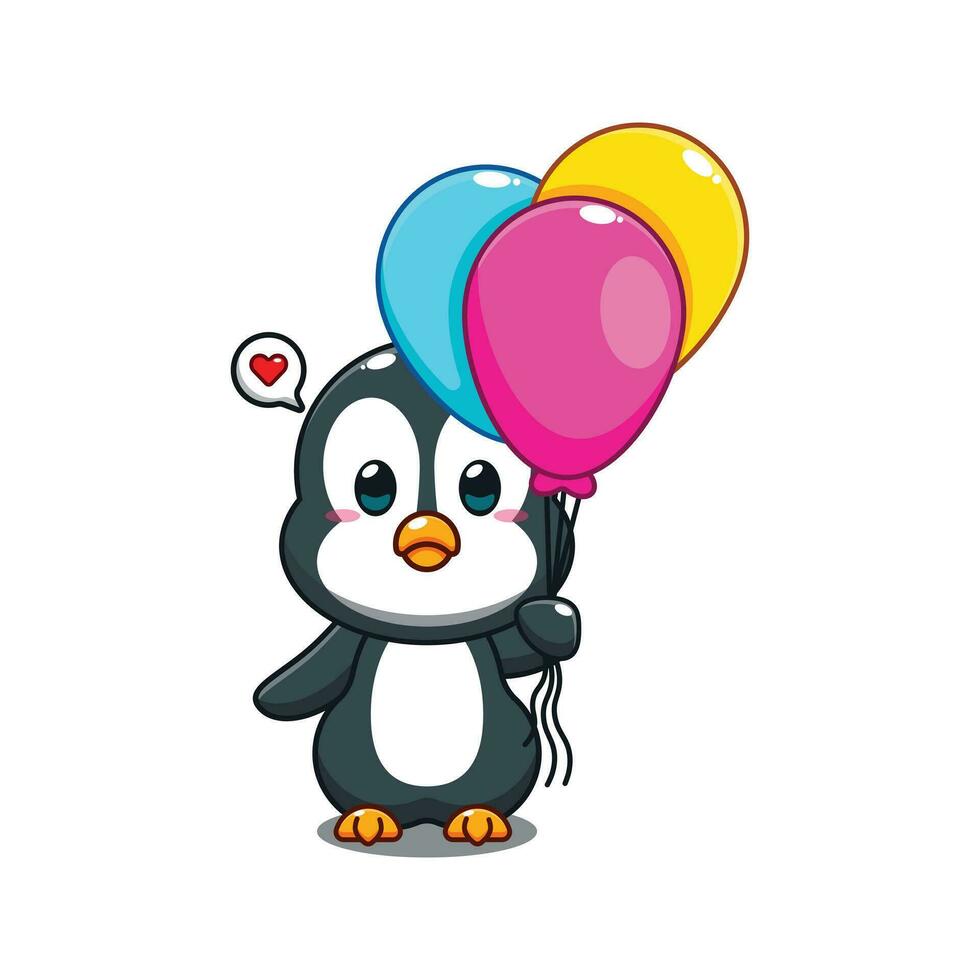 cute penguin with balloon cartoon vector illustration.