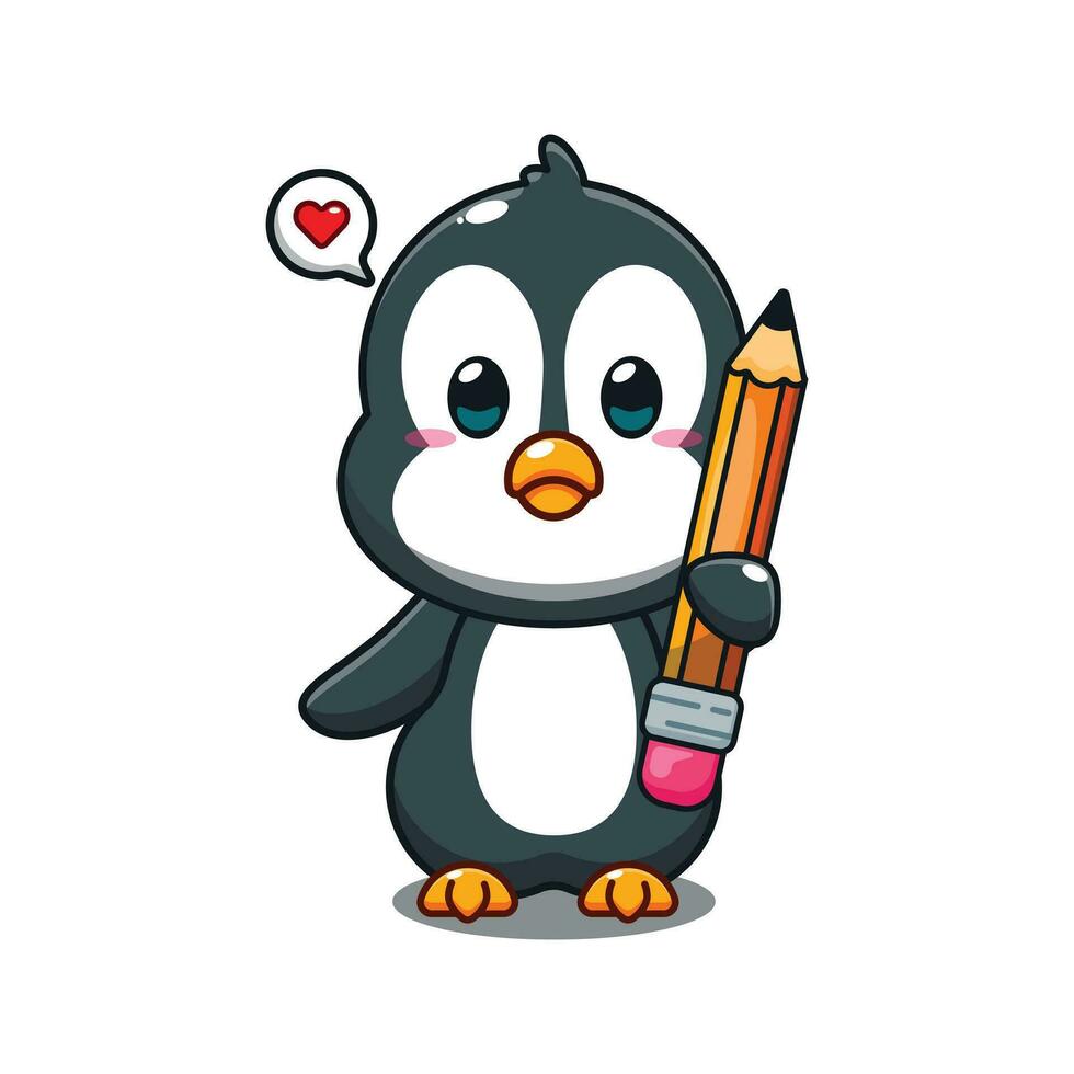 cute penguin holding pencil cartoon vector illustration.