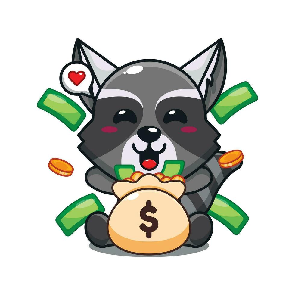cute raccoon with money bag cartoon vector illustration.