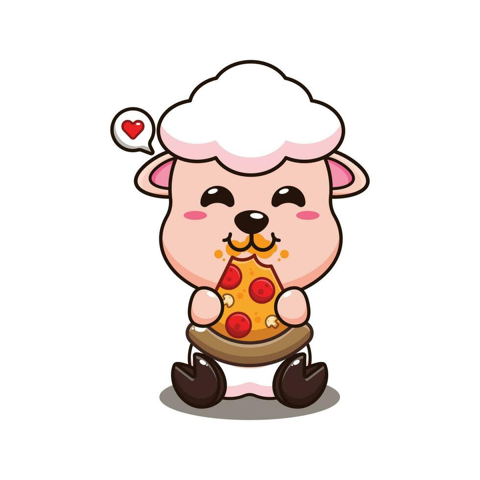 cute sheep eating pizza cartoon vector illustration.