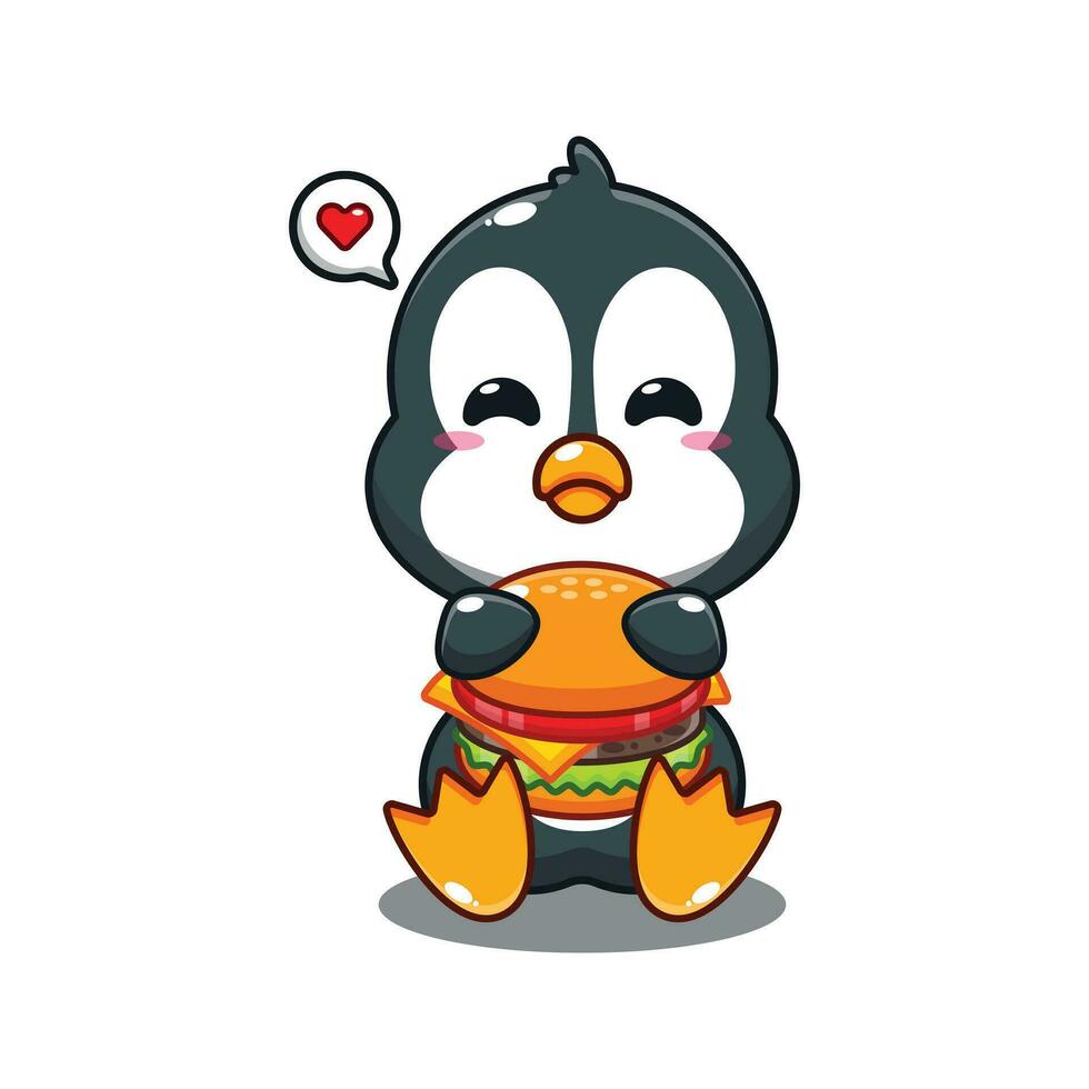 cute penguin with burger cartoon vector illustration.