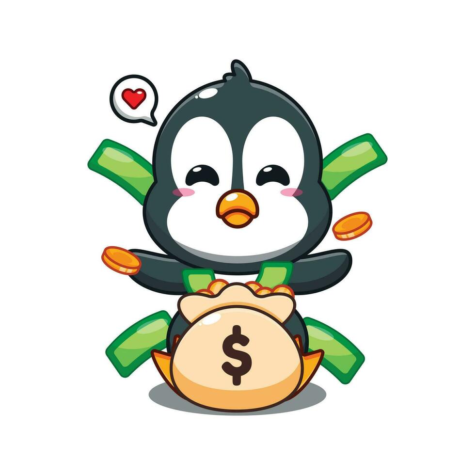 linda pingüino con dinero bolso dibujos animados vector ilustración.