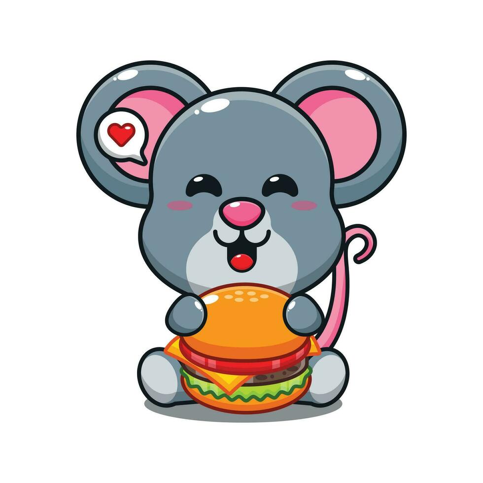 linda ratón con hamburguesa dibujos animados vector ilustración.