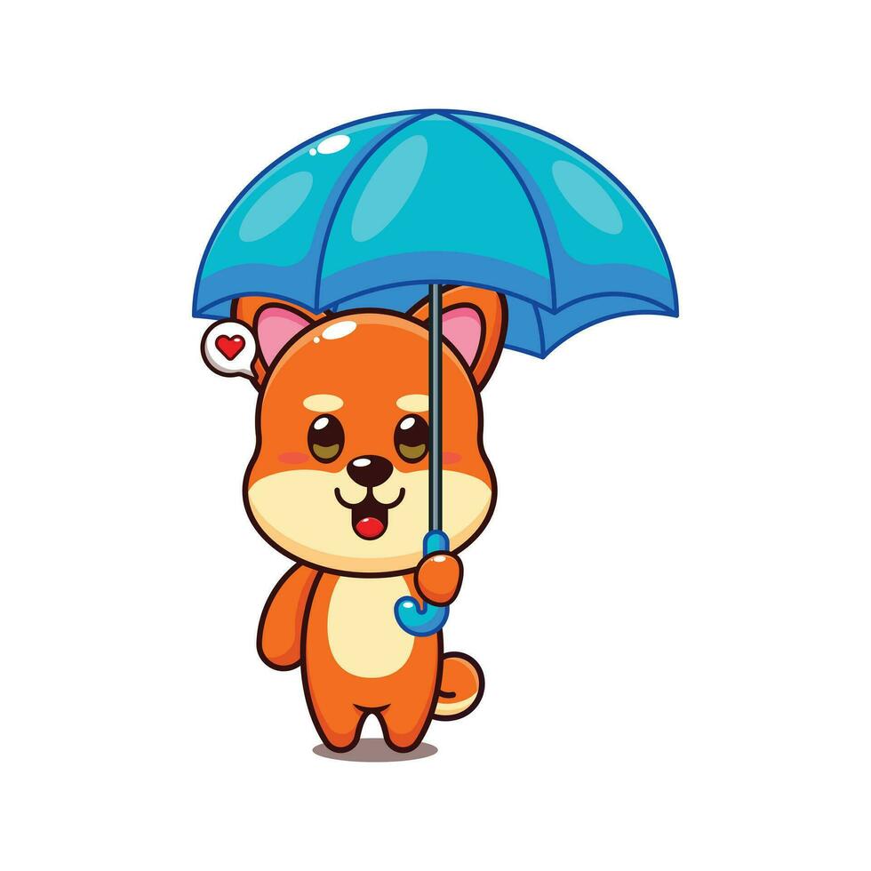 cute shiba inu holding umbrella cartoon vector illustration.