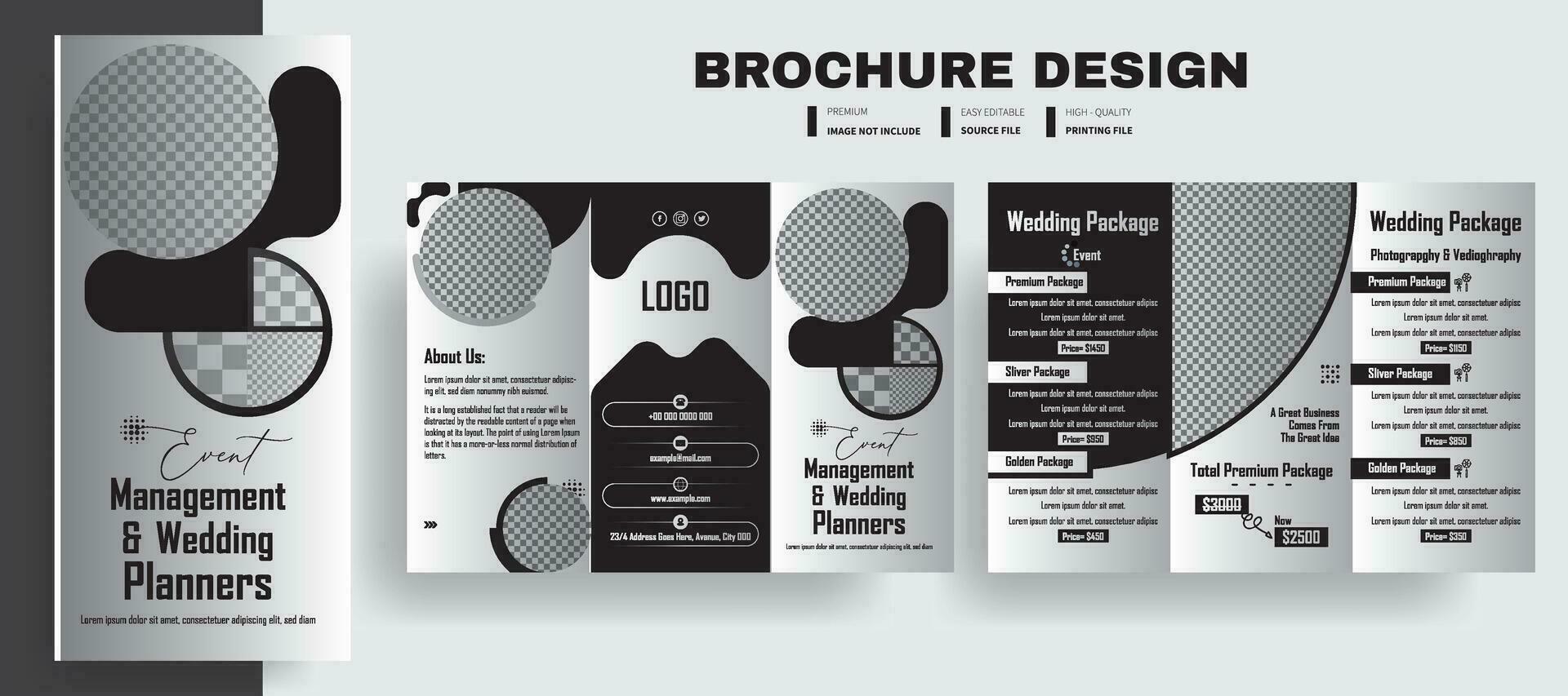 Tri Fold Brochure Template Design, Event Wedding Planner and Photography Commercial template for marketing, vector