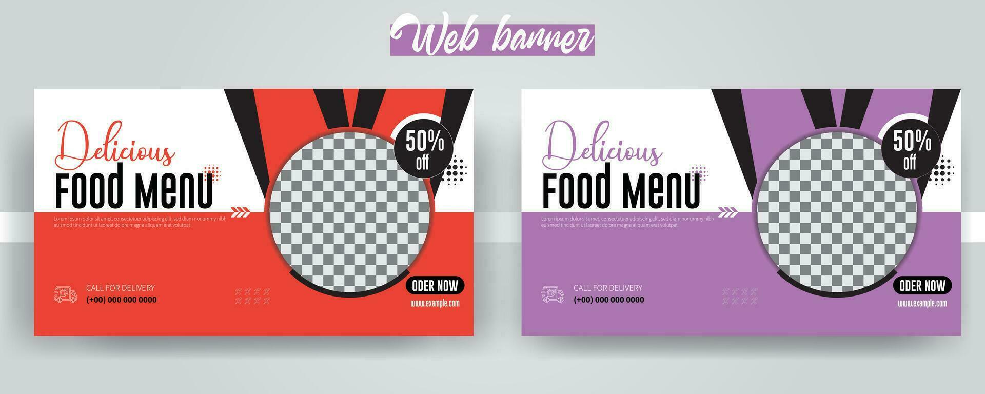 Delicious Food Menu Web banner template design, Fresh Healthy food social media cover template vector with different colors. Restaurant promotion web banner design for digital marketing.