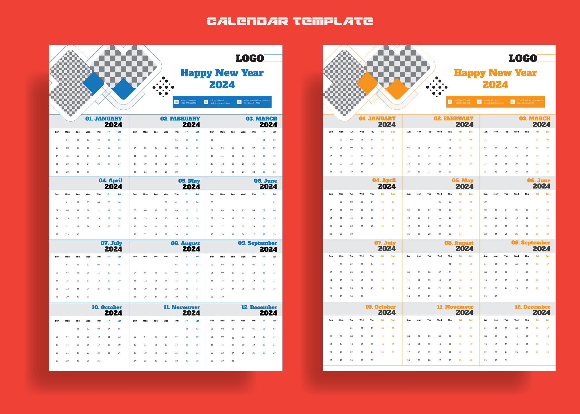 Calender design for 2024, Week starts Sunday. Desk calendar template