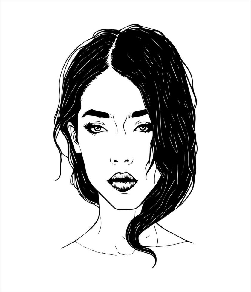 Simple, minimalist vector illustration set of beautiful woman face. Line drawing. One line art.