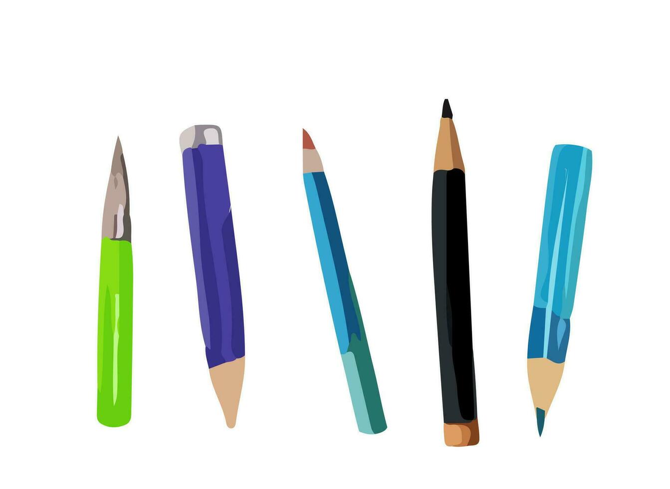 A set of markers, pencils and pens painted in watercolor. Vector illustration for study. Back to school, supplies for classes.