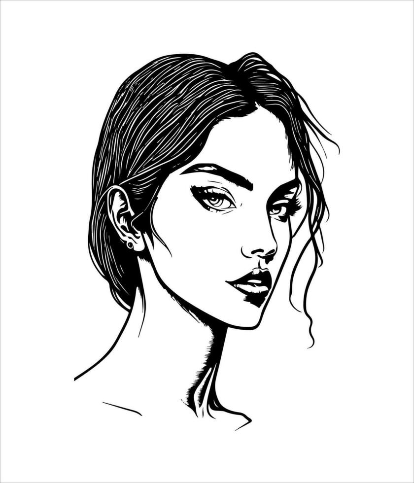 Simple, minimalist vector illustration set of beautiful woman face. Line drawing. One line art.