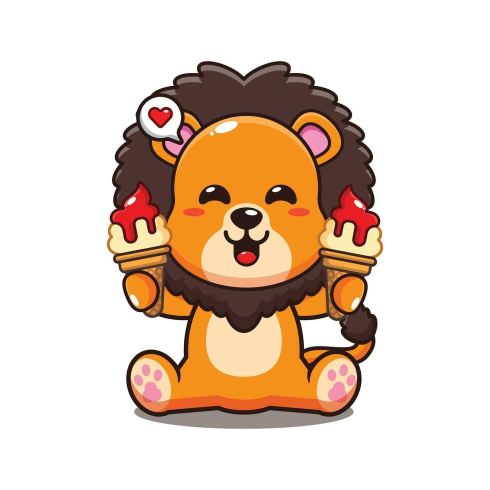 cute lion with ice cream cartoon vector illustration.