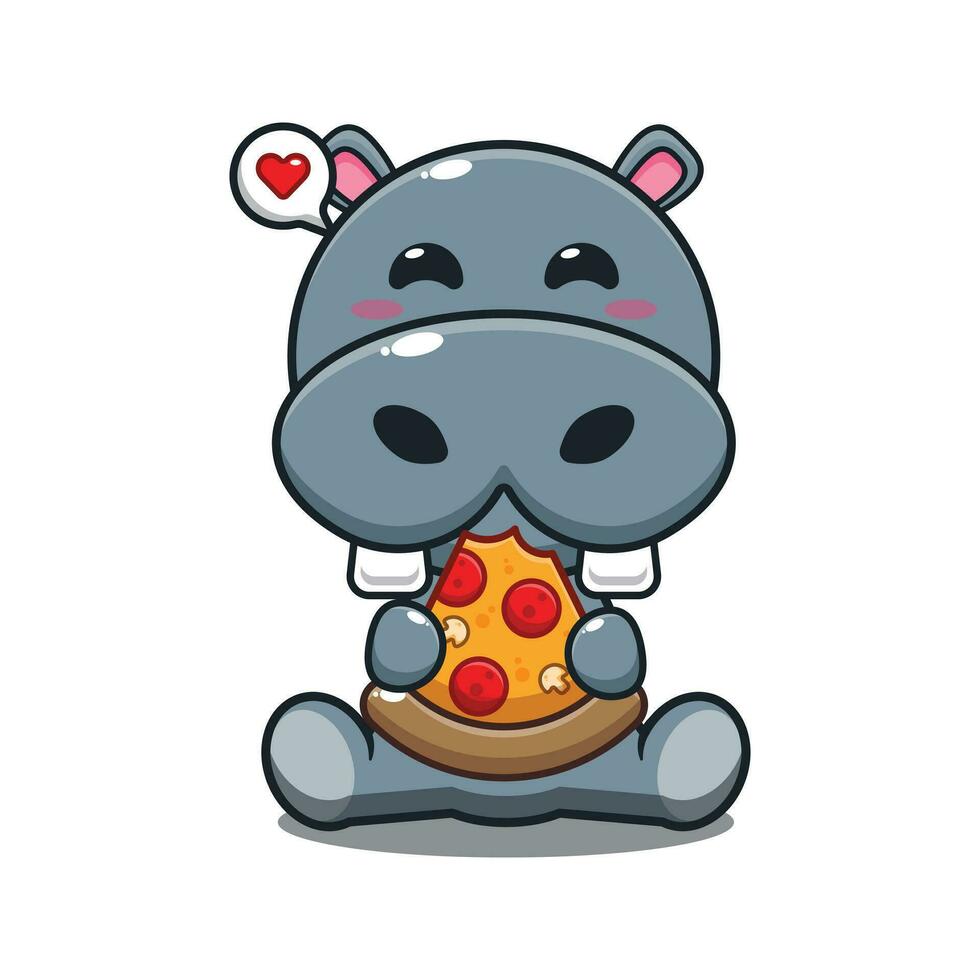 hipopótamo comiendo Pizza dibujos animados vector ilustración.