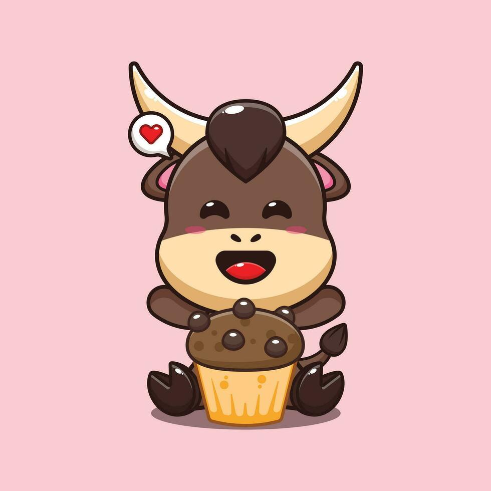 bull with cup cake cartoon vector illustration.
