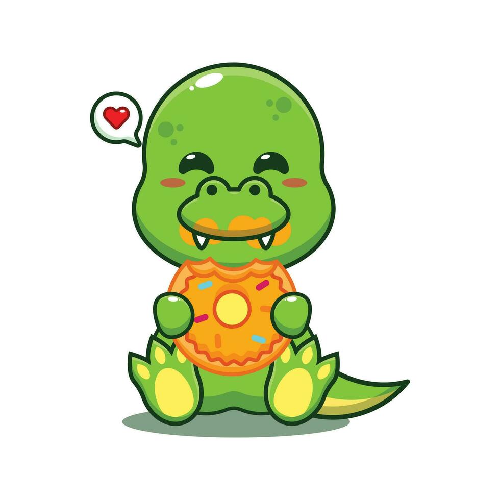 dino eating donut cartoon vector illustration.