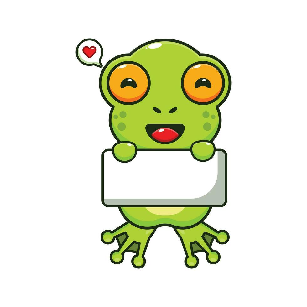 cute frog holding greeting banner cartoon vector illustration.