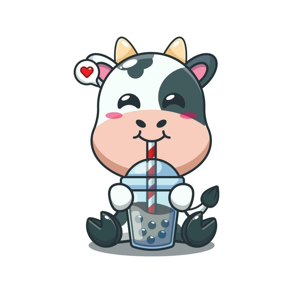 cow drink boba milk tea cartoon vector illustration.