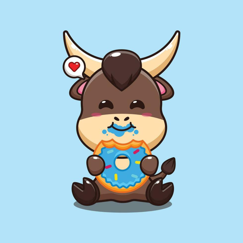 bull eating donut cartoon vector illustration.