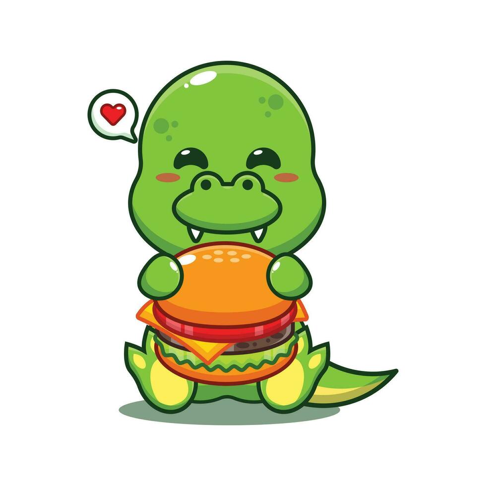 dino with burger cartoon vector illustration.