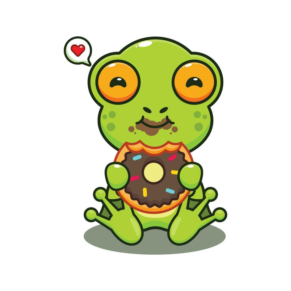 cute frog eating donut cartoon vector illustration.