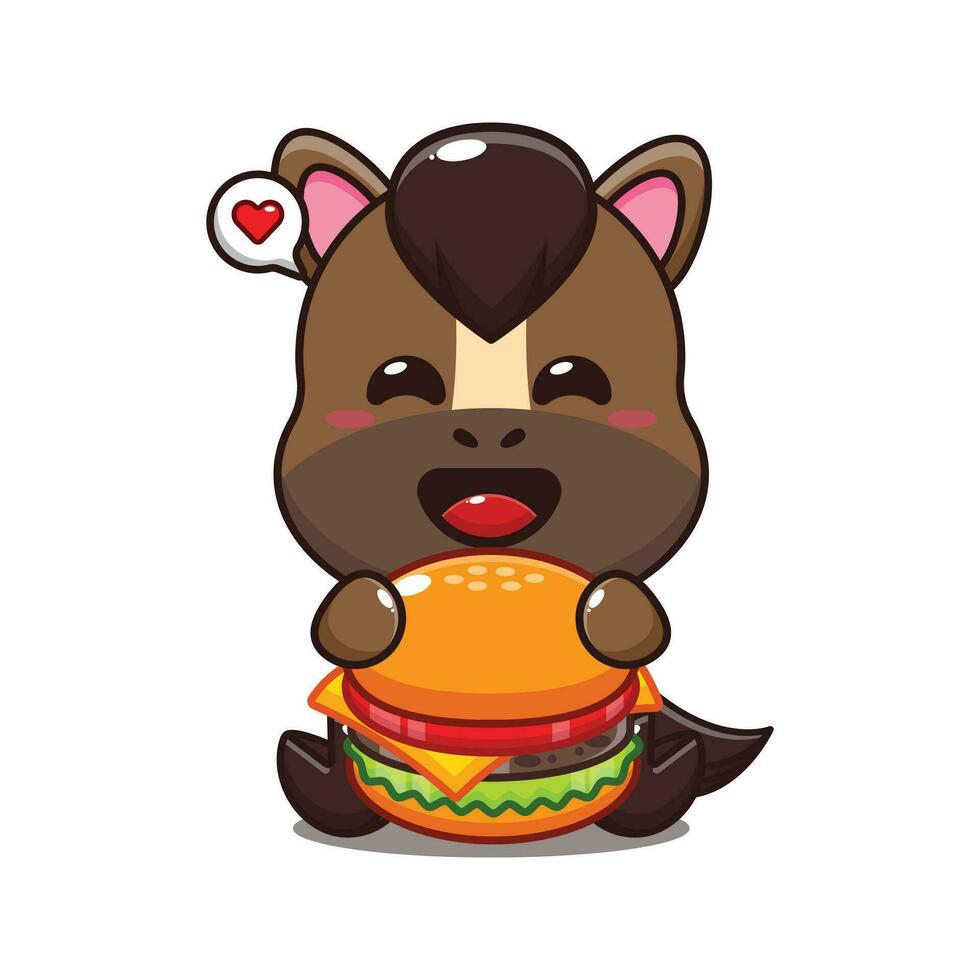 cute horse with burger cartoon vector illustration.
