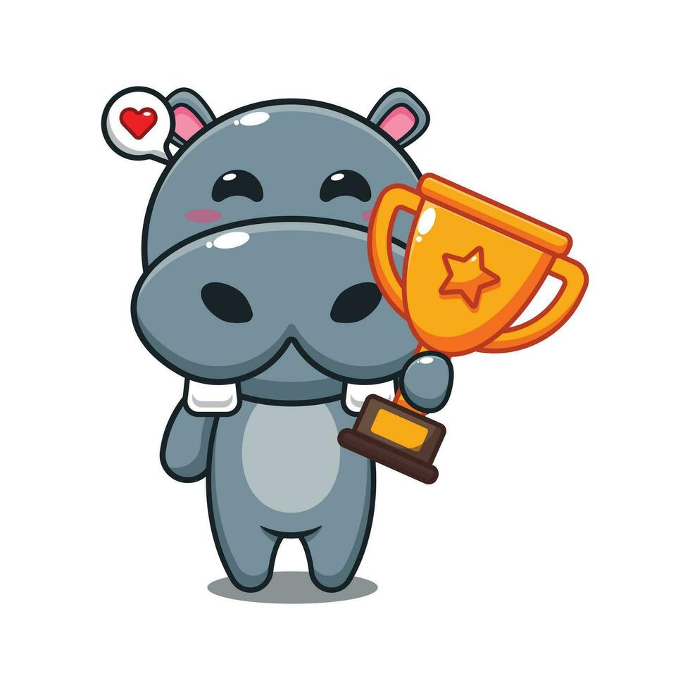 hippo holding gold trophy cup cartoon vector illustration.