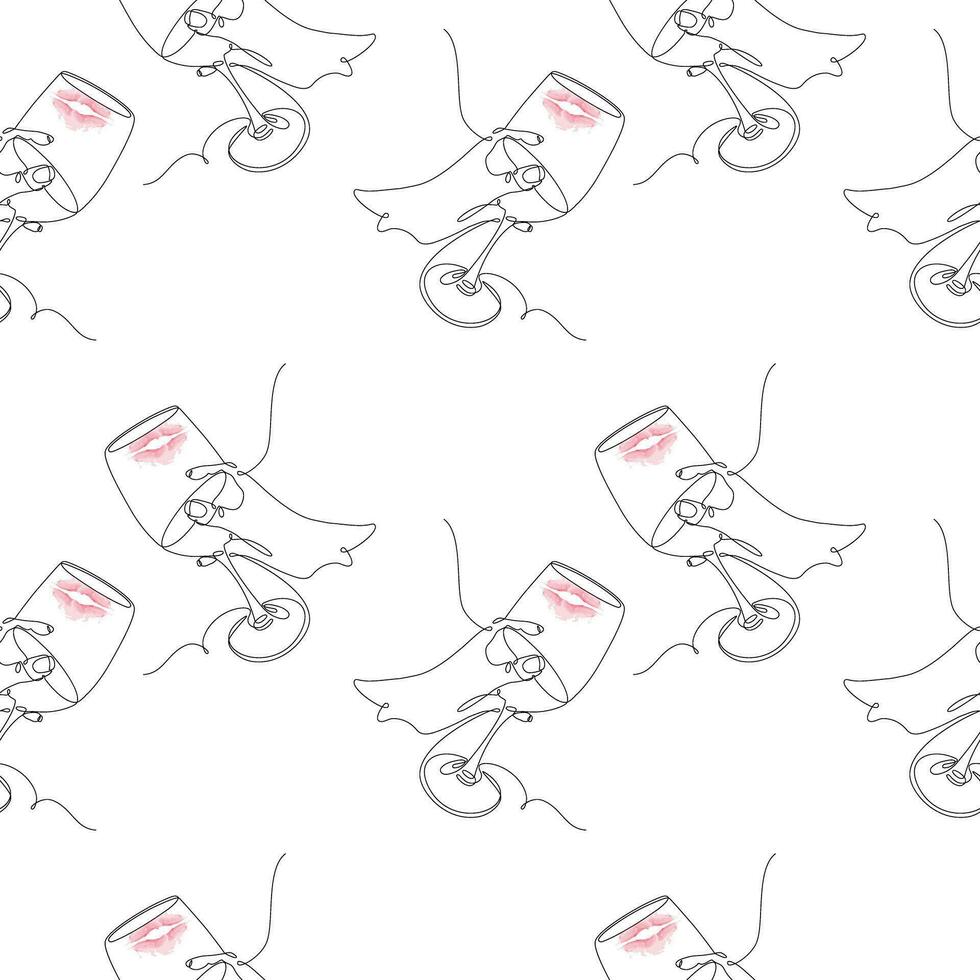 Endless pattern of womans hand with glass of wine in one continuous line and abstract lipstick marks vector