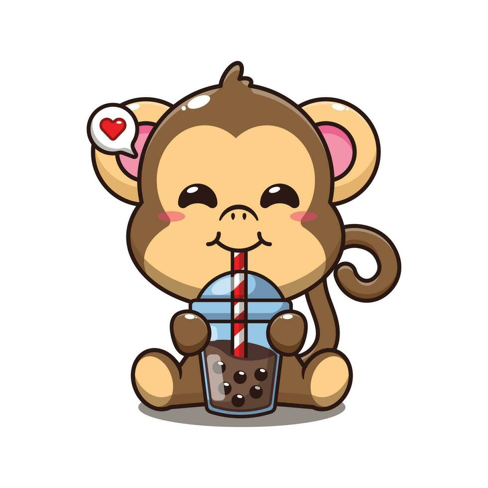 cute monkey drink boba milk tea cartoon vector illustration.