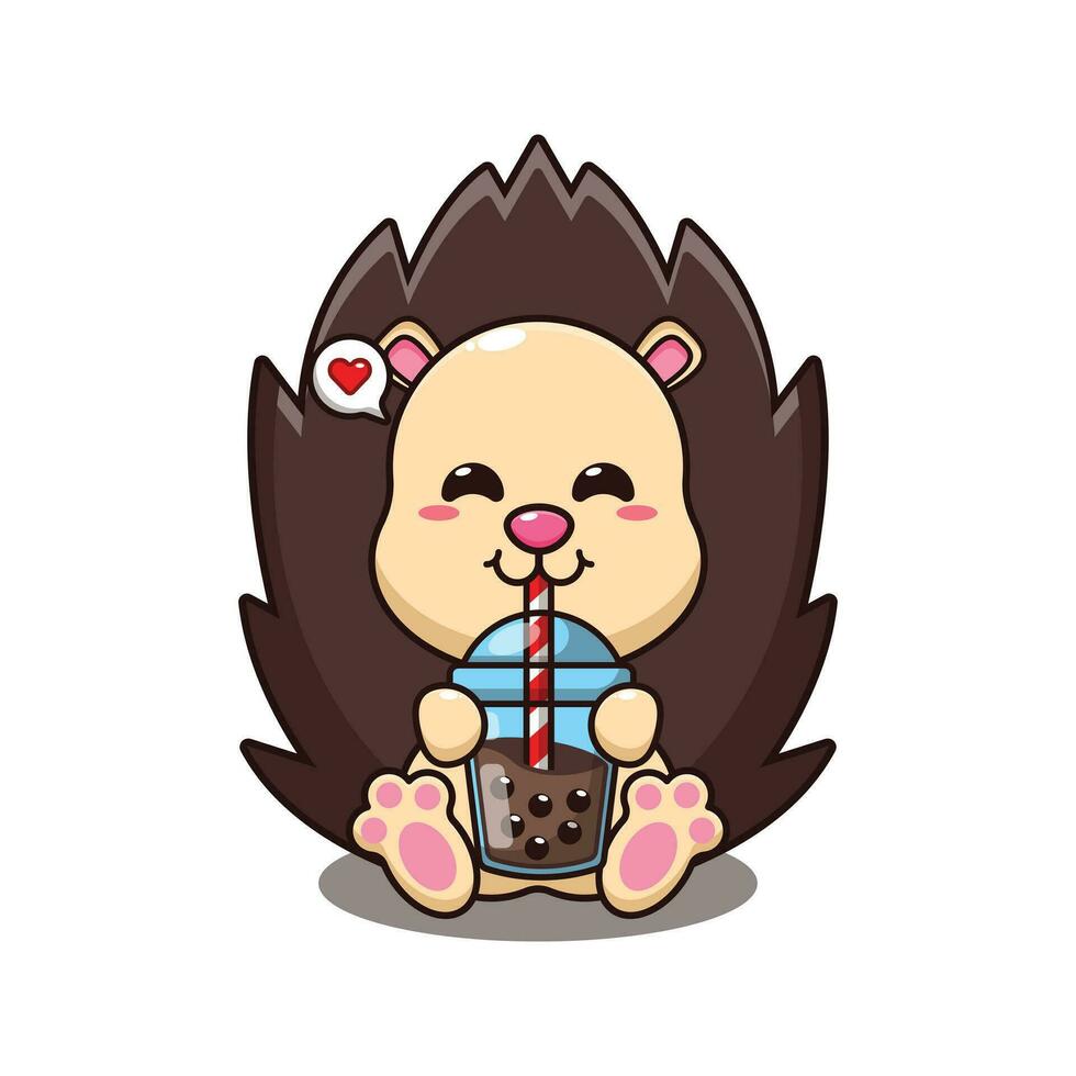 hedgehog drink boba milk tea cartoon vector illustration.