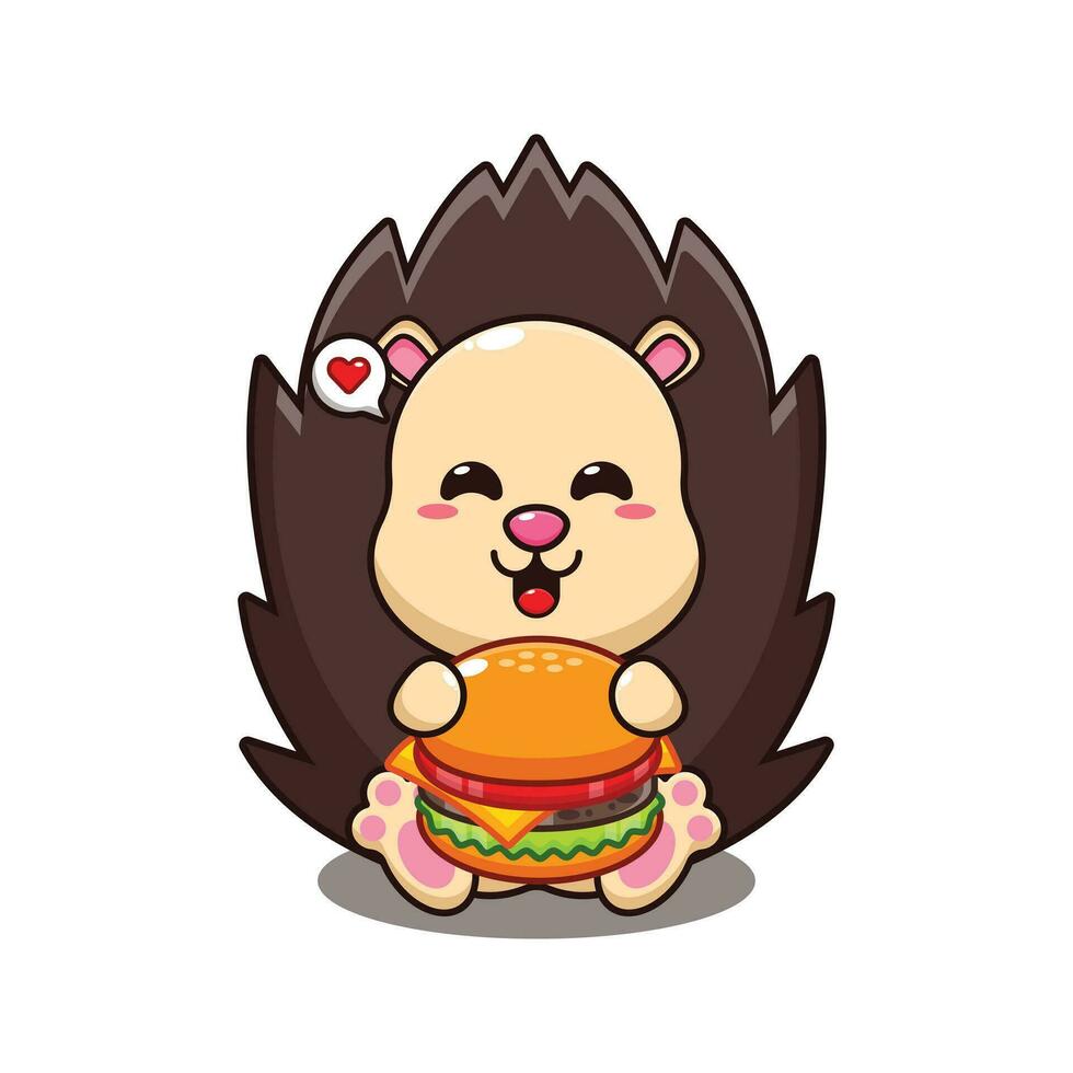 hedgehog with burger cartoon vector illustration.
