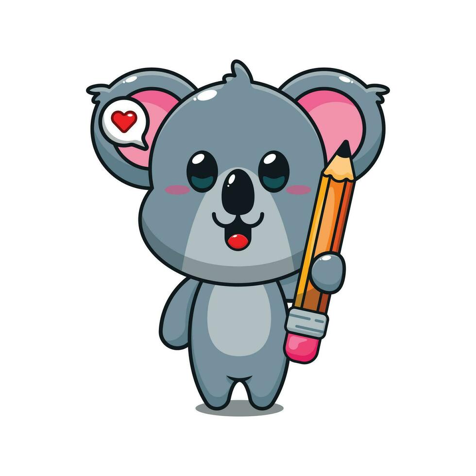 cute koala holding pencil cartoon vector illustration.