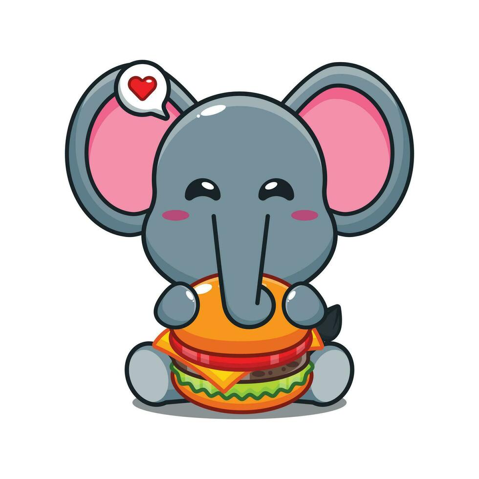 cute elephant with burger cartoon vector illustration.