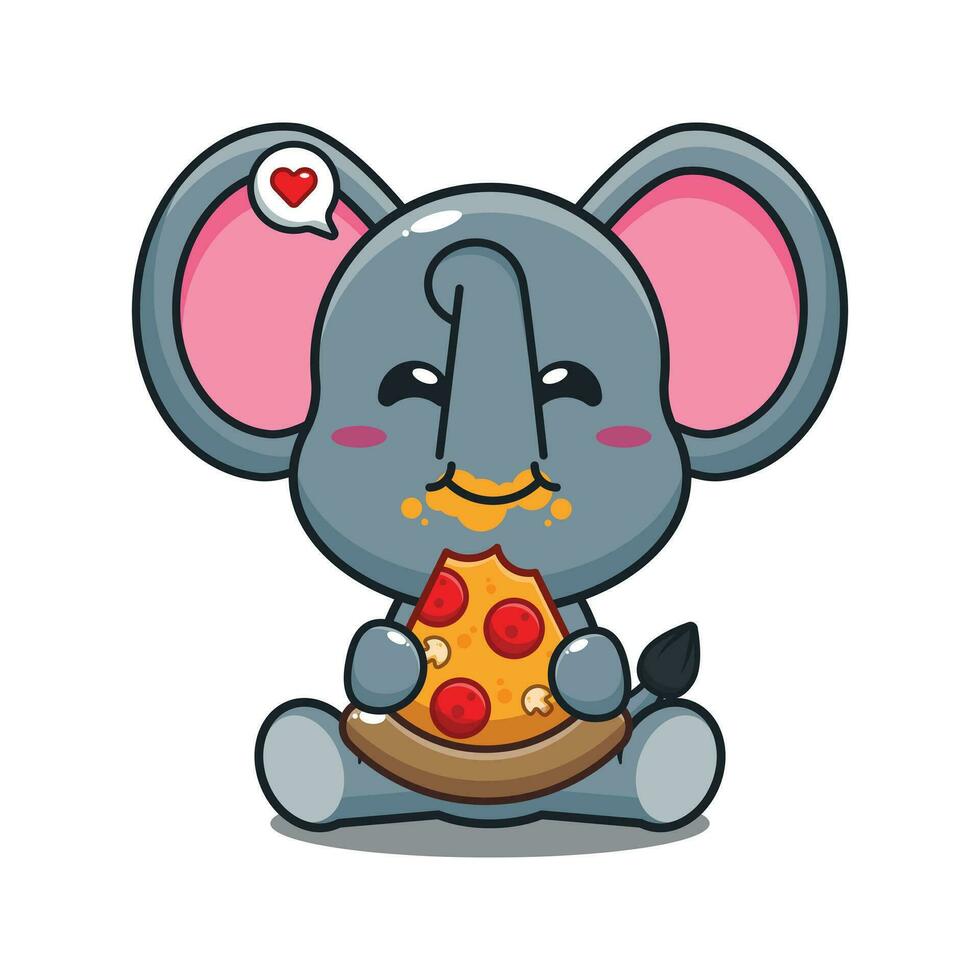 cute elephant eating pizza cartoon vector illustration.