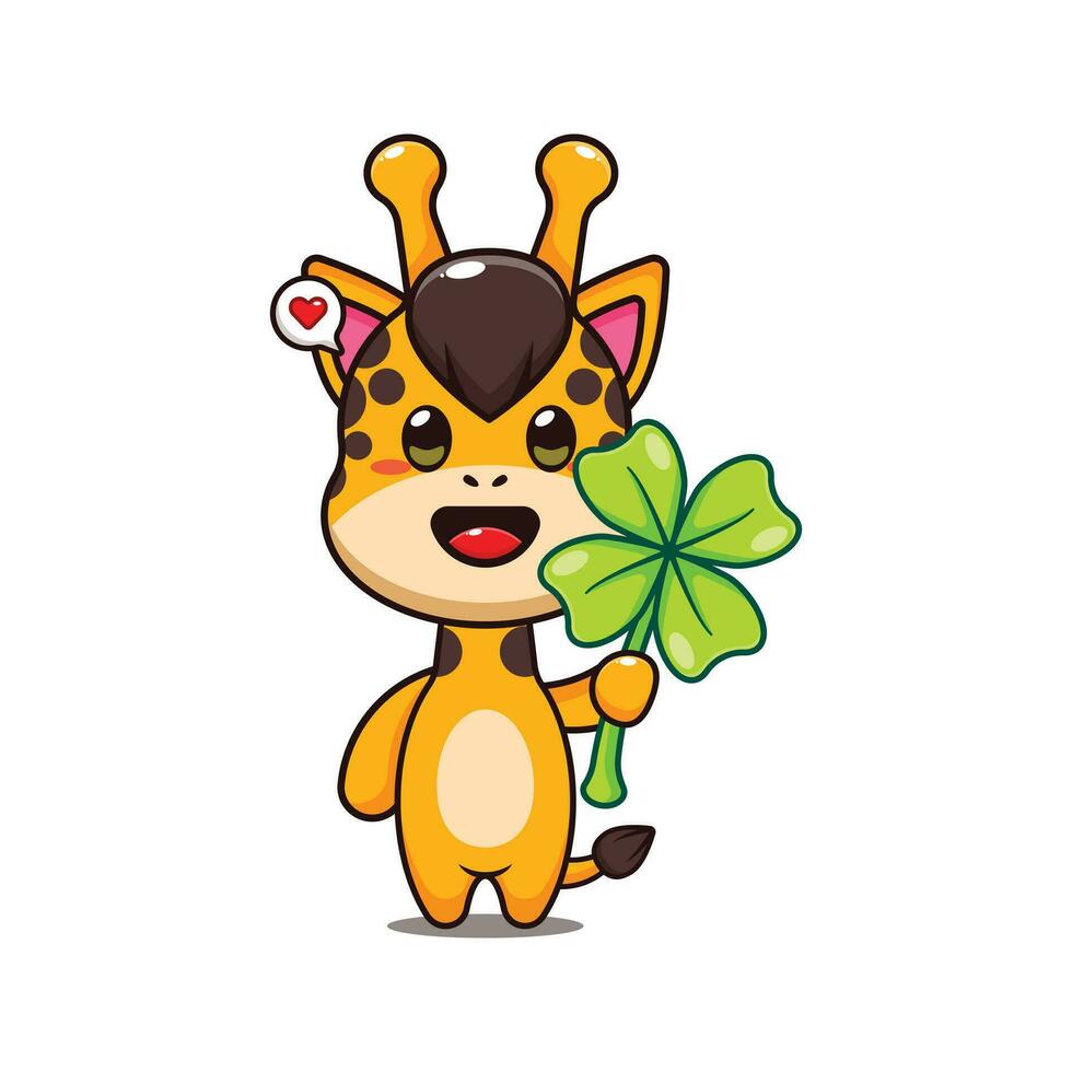 giraffe with clover leaf cartoon vector illustration.