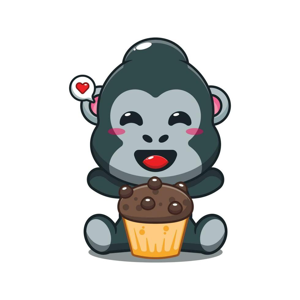 gorila con taza pastel dibujos animados vector ilustración.