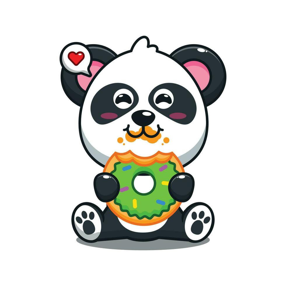 cute panda eating donut cartoon vector illustration.