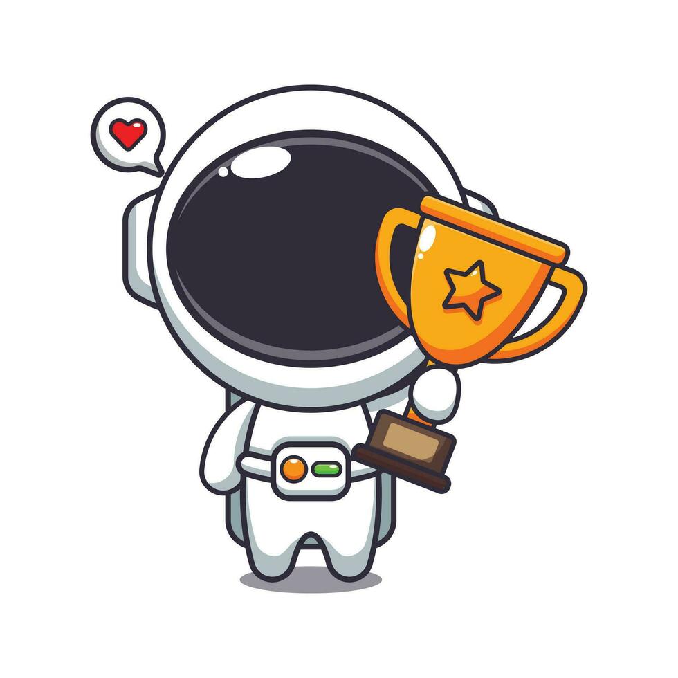 cute astronaut holding gold trophy cup cartoon vector illustration.