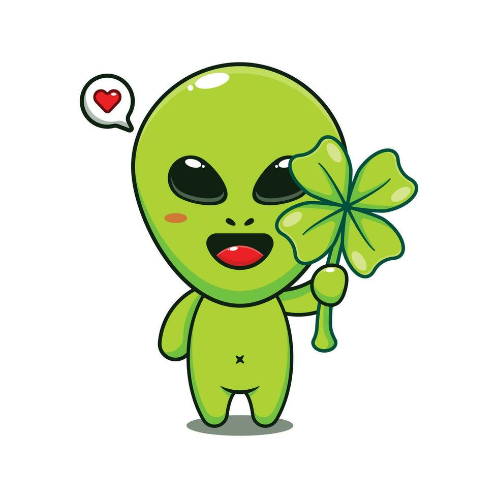 cute alien with clover leaf cartoon vector illustration.