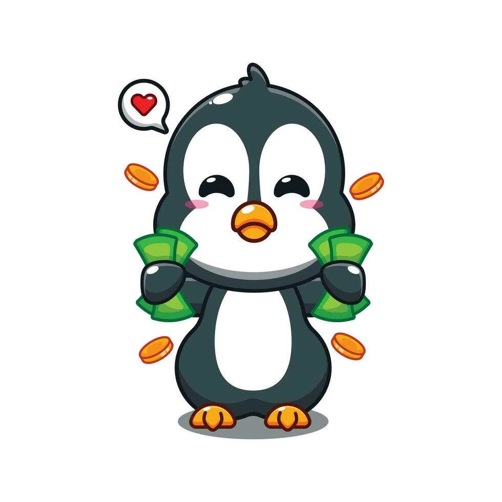 cute penguin holding money cartoon vector illustration.