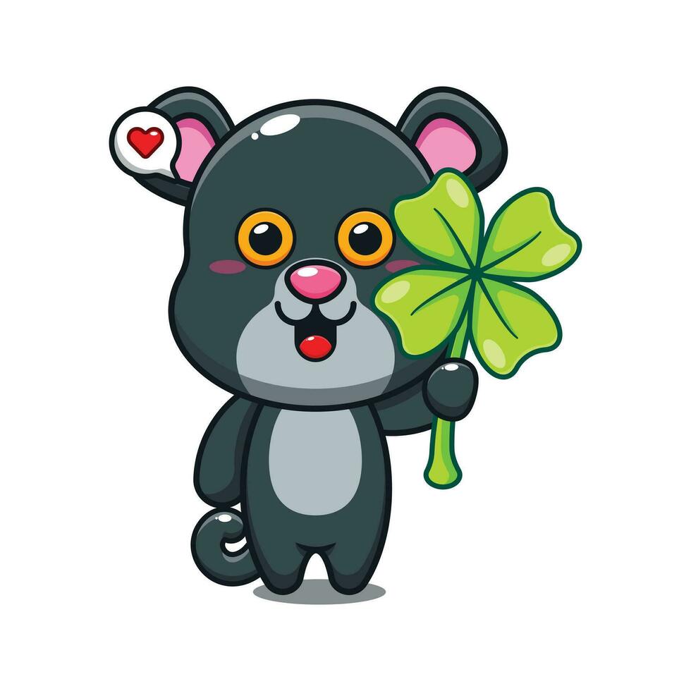 cute panther with clover leaf cartoon vector illustration.