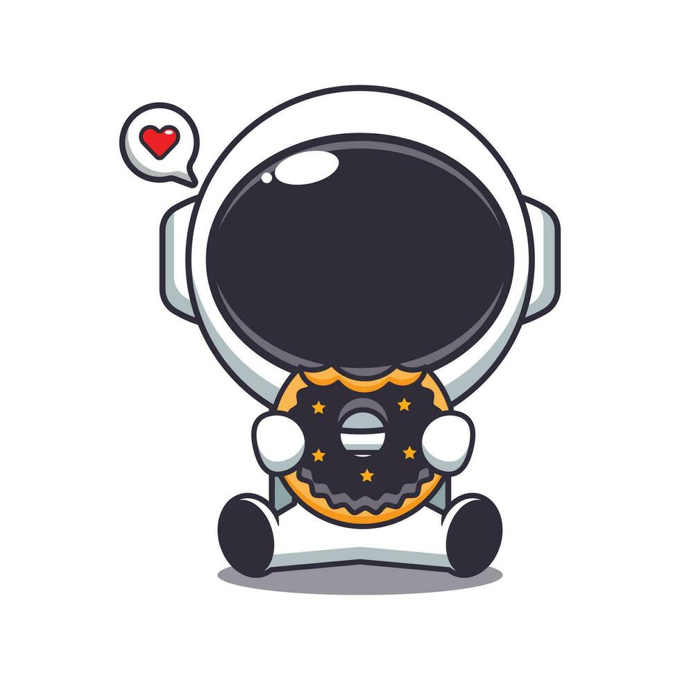 cute astronaut eating donut cartoon vector illustration.