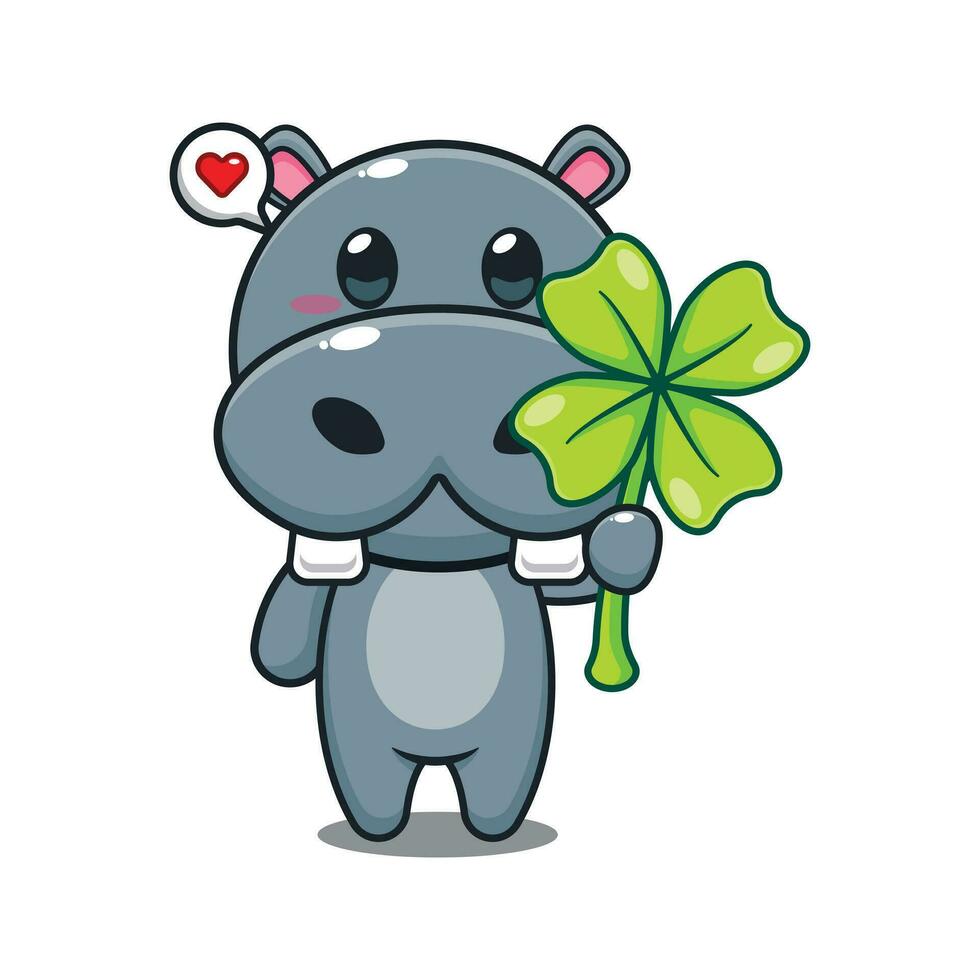 hippo with clover leaf cartoon vector illustration.