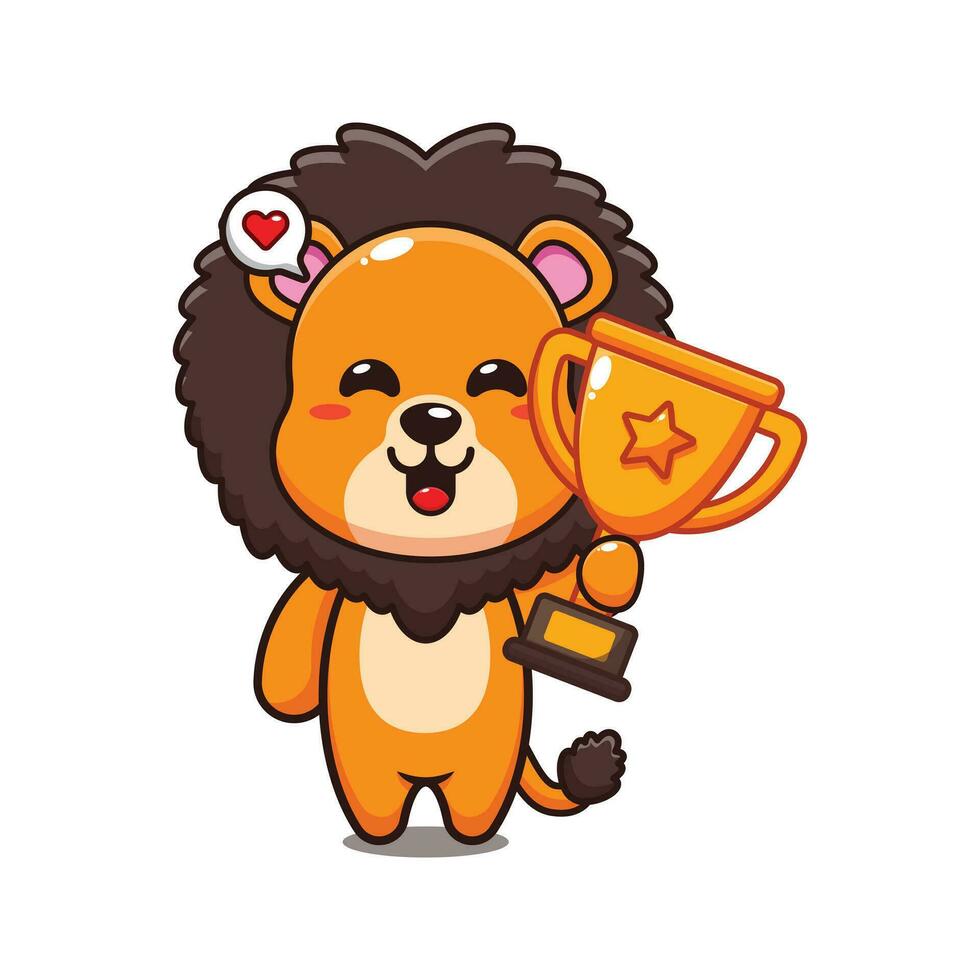 cute lion holding gold trophy cup cartoon vector illustration.