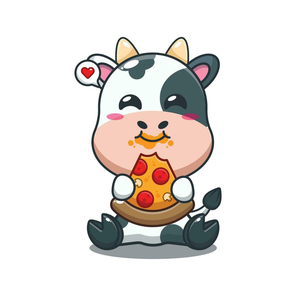 vaca comiendo Pizza dibujos animados vector ilustración.