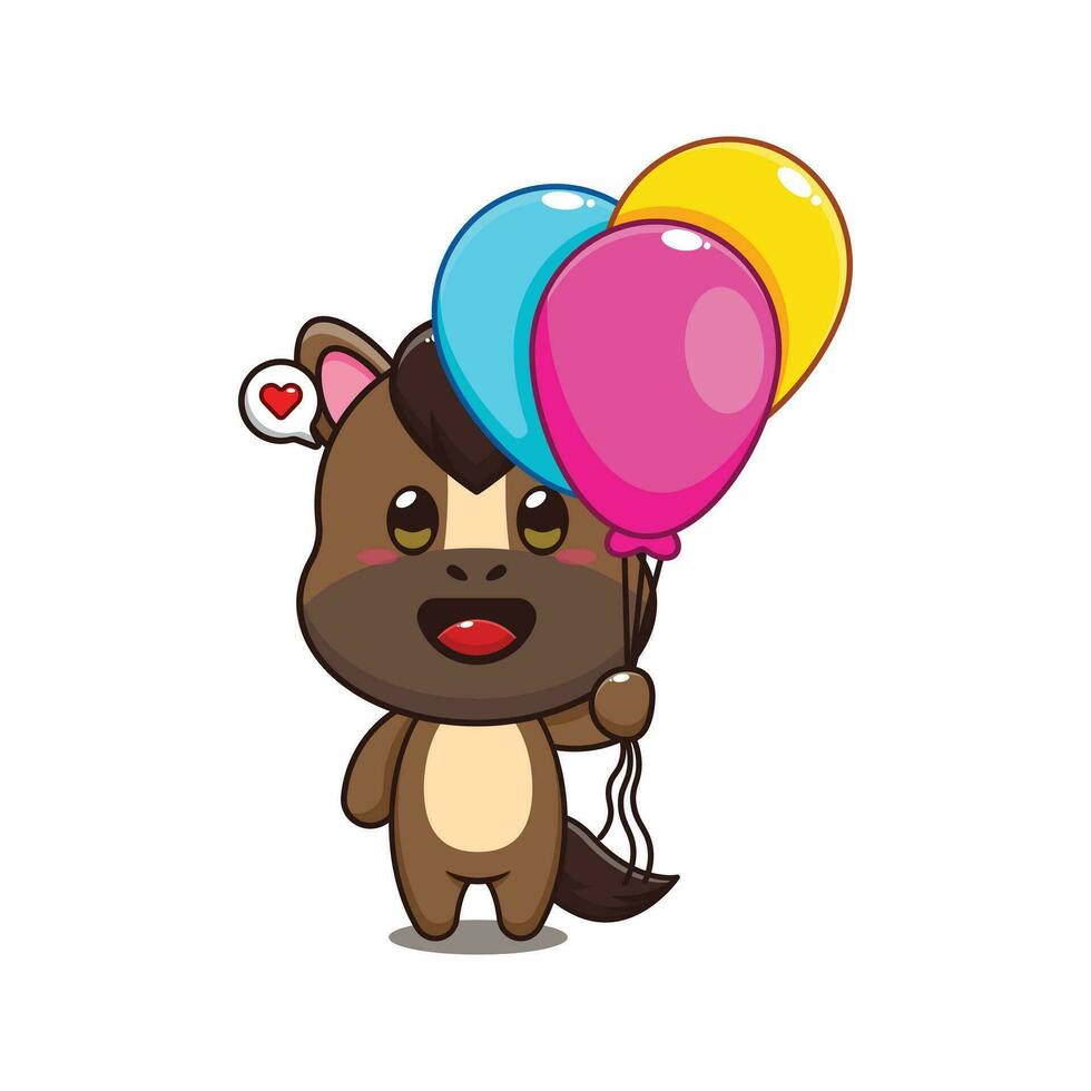 cute horse with balloon cartoon vector illustration.