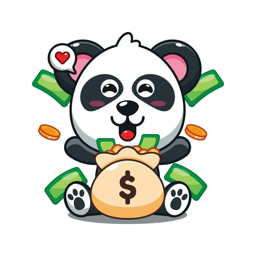 linda panda con dinero bolso dibujos animados vector ilustración.