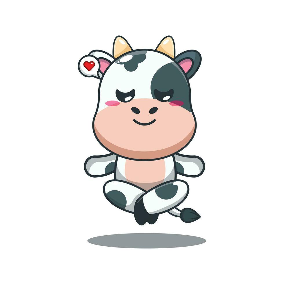 cow doing meditation yoga cartoon vector illustration.